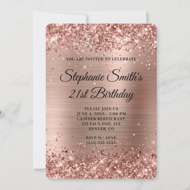 Rose Gold Glitter Foil Monogram 21st Birthday Invitation (Front)