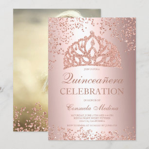 Rose gold glitter foil photo tiara Quinceañera Invitation