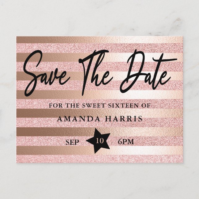 Rose Gold Glitter & Foil Sweet 16 Save The Date Postcard (Front)
