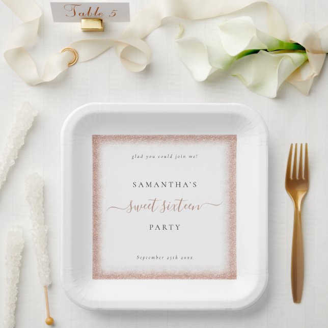 Rose Gold Glitter Frame Name Date White Sweet 16 Paper Plate (Wedding)