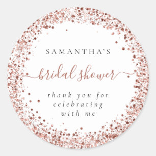 Rose Gold Glitter Frame Name Thanks Bridal Shower Classic Round Sticker
