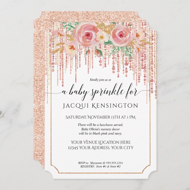 Rose Gold Glitter Fringe Pink Floral Baby Sprinkle Invitation (Front/Back)