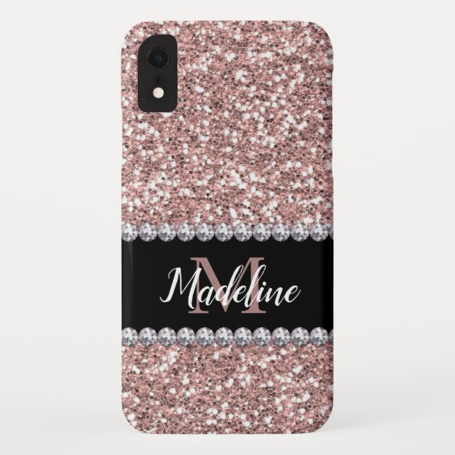 Rose Gold Glitter & Gems with Name and Monogram Case-Mate iPhone Case (Back)