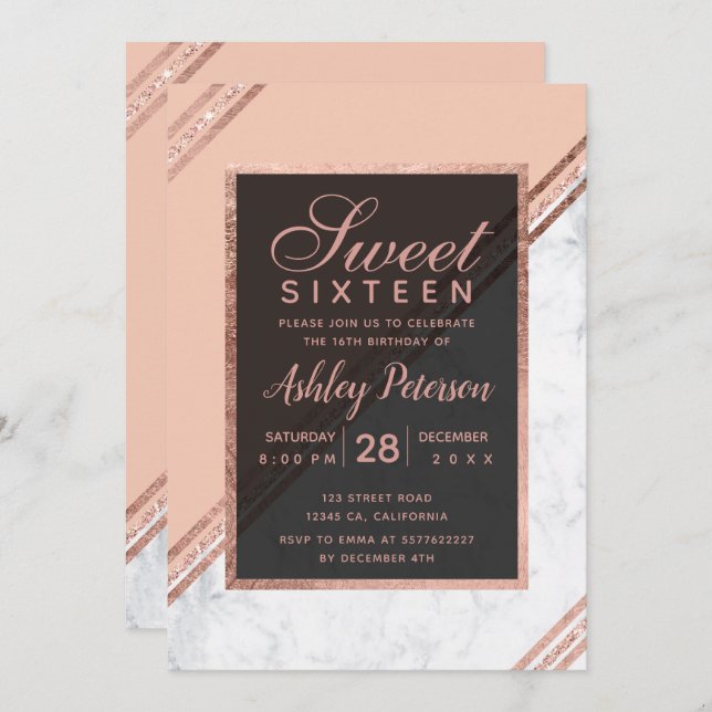 Rose gold glitter geometric stripe marble Sweet 16 Invitation (Front/Back)