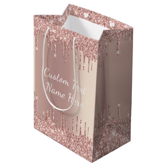 Rose Gold Glitter Gift Bag with Custom Text (Back Angled)