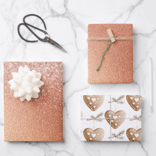 Rose Gold Glitter Gingerbread Heart Birthday Wrapping Paper Sheet