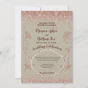 Rose Gold Glitter Gingko Leaves on Grey Mist