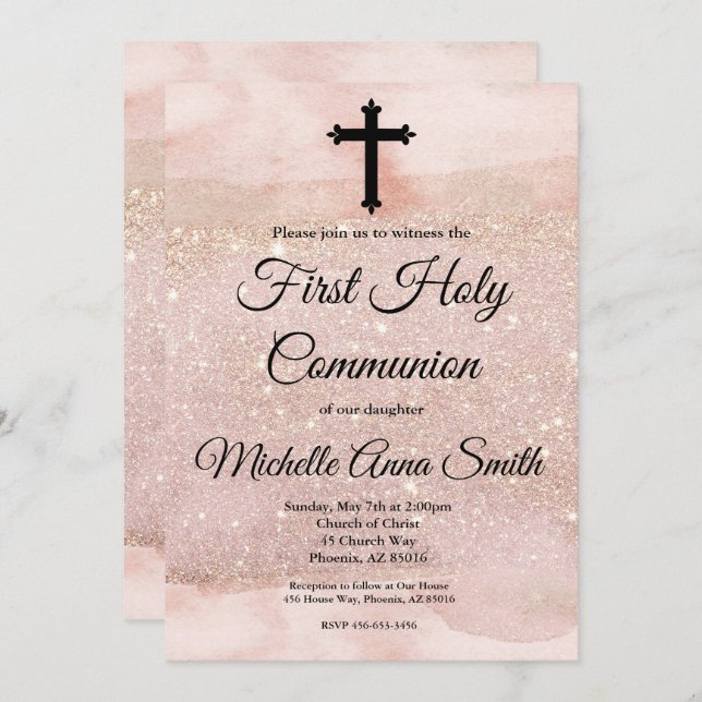 Rose Gold Glitter Girl 1st First Holy Communion Invitation (Front/Back)
