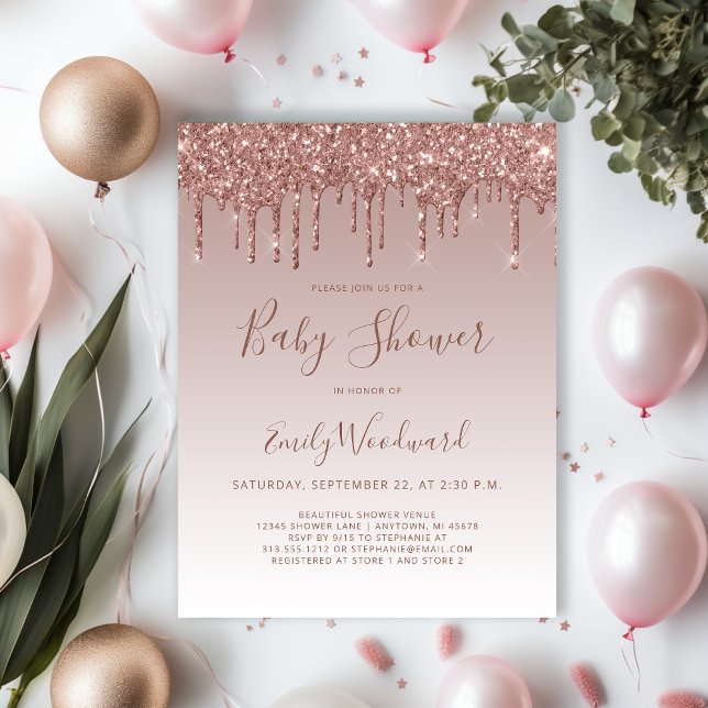 Rose Gold Glitter Girl Baby Shower Invitation Postcard (Creator Uploaded)