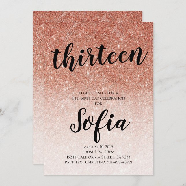 Rose Gold Glitter Girl Teen Birthday Party Invitation (Front/Back)