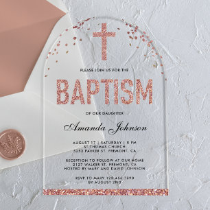 Rose Gold Glitter Girls Arch Baptism Acrylic Invitations