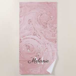 Rose Gold Glitter Girly Sparkle Pink Name  Beach T Towel