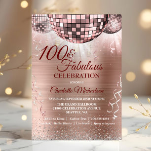 Rose Gold Glitter Glam 100th Birthday Disco Ball Invitation
