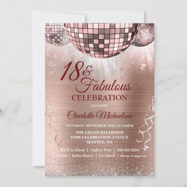 Rose Gold Glitter Glam 18th Birthday Disco Ball Invitation (Front)