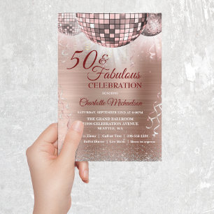 Rose Gold Glitter Glam 50 and Fabulous Disco Ball Invitation