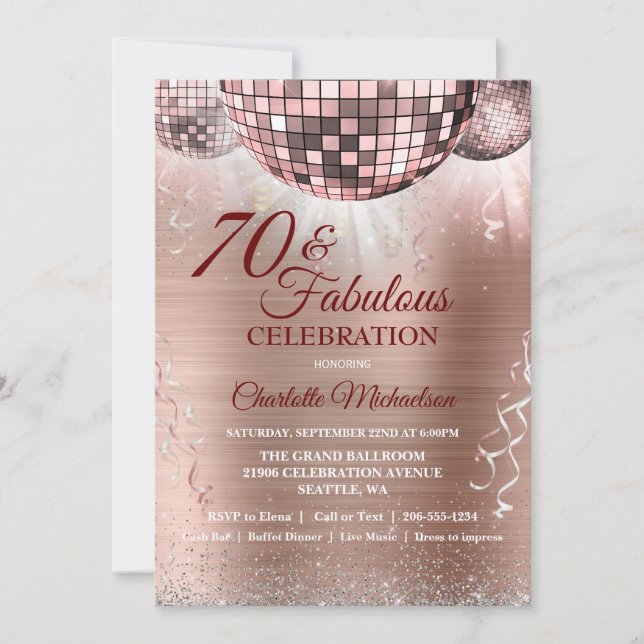 Rose Gold Glitter Glam 70th Birthday Disco Ball Invitation (Front)