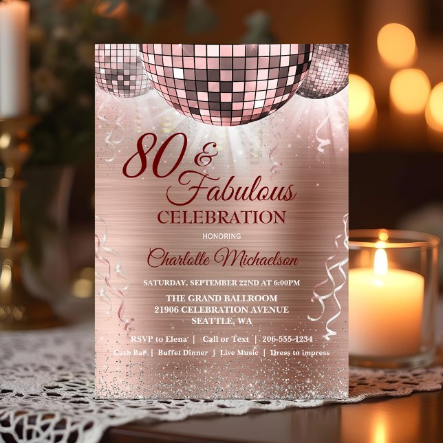 Rose Gold Glitter Glam 80th Birthday Disco Ball Invitation (Rose Gold Glitter Glam 80th Birthday Disco Ball Invitation)