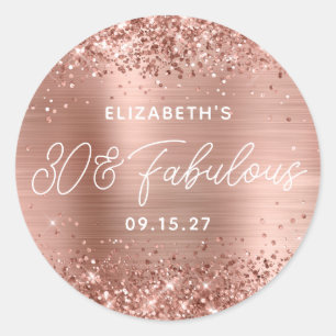 Rose Gold Glitter Glam Modern Script 30 & Fabulous Classic Round Sticker