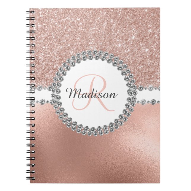 Rose Gold Glitter Glam Monogram Diamond Notebook (Front)