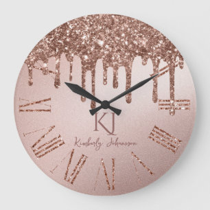 Rose Gold Glitter Glam & Monogram Initials Large Clock