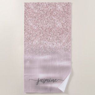 Rose Gold Glitter Glam Monogram Name Girly Script Beach Towel