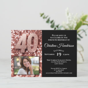 Rose Gold Glitter Glam Photo 40th Birthday Party Invitation