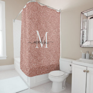 Rose Gold Glitter Glam Sparkle Monogram Script Shower Curtain