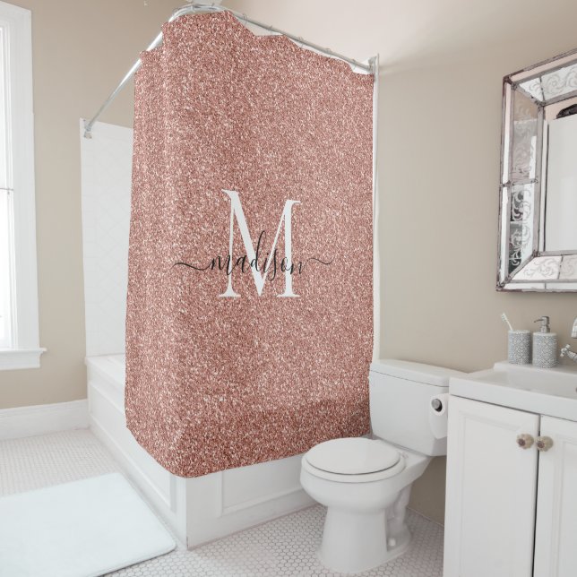 Rose Gold Glitter Glam Sparkle Monogram Script Shower Curtain (In Situ)