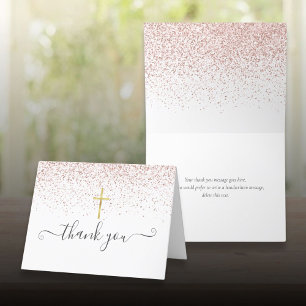 Rose Gold Glitter Gold Crucifix Script Thank You Card