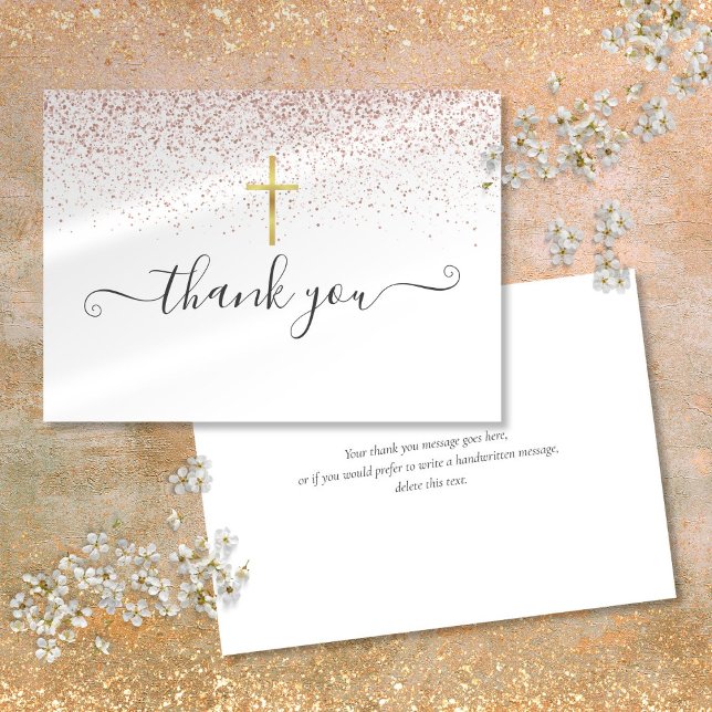 Rose Gold Glitter Gold Crucifix Script Thank You Card (Rose Gold Glitter Gold Crucifix Script Thank You Card)