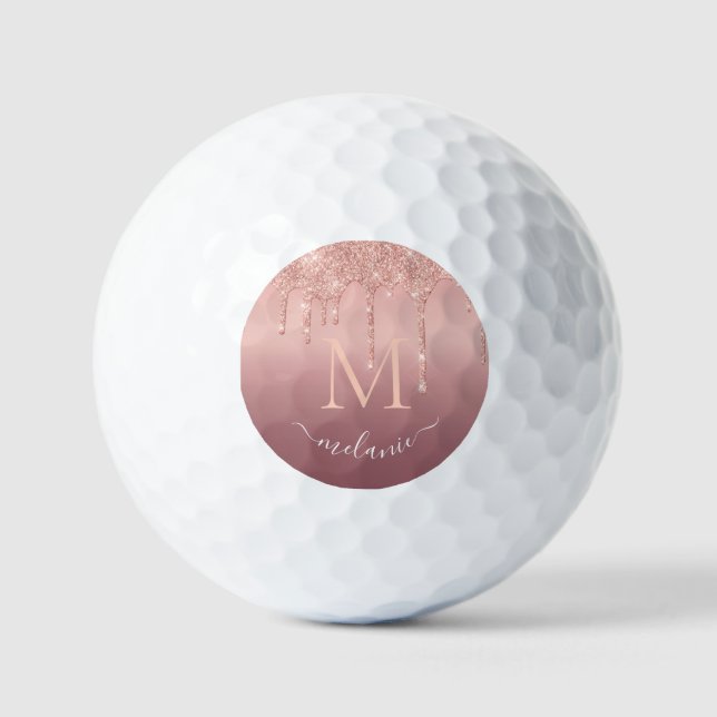 Rose Gold Glitter Golf Balls Custom Name Letter (Front)