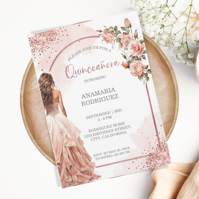 Rose Gold Glitter Gown Blush Floral Quinceanera Invitation (Creator Uploaded)