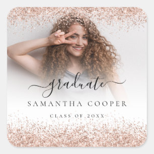 Rose Gold Glitter Grad Photo Name Class of Year Square Sticker