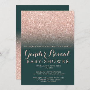 Rose gold glitter green emerald gender reveal baby invitation