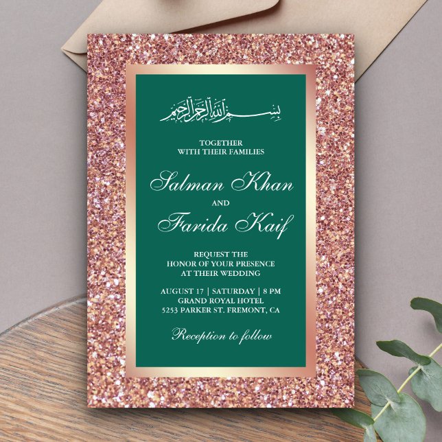 Rose Gold Glitter Green Islamic Muslim Wedding Invitation (Creator Uploaded)
