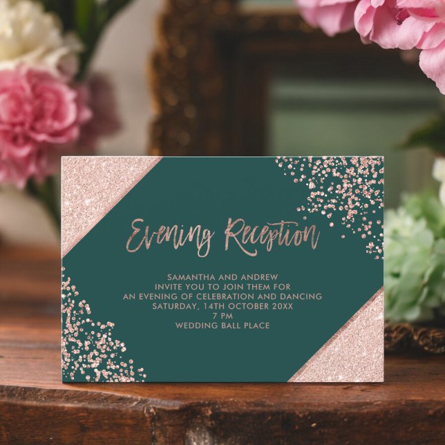 Rose gold glitter green script evening reception enclosure card (Rose gold glitter green script evening reception enclosure card)