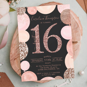 rose gold glitter grey balloon Sweet 16 photo Invitation
