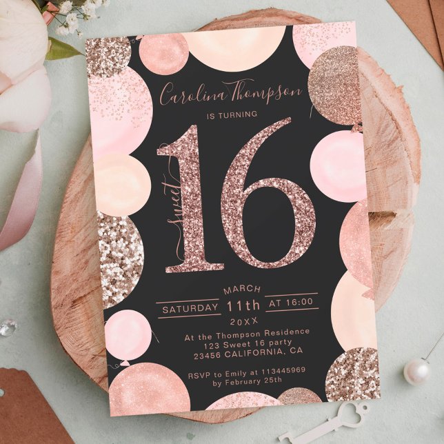 rose gold glitter grey balloon Sweet 16 photo Invitation (Creator Uploaded)
