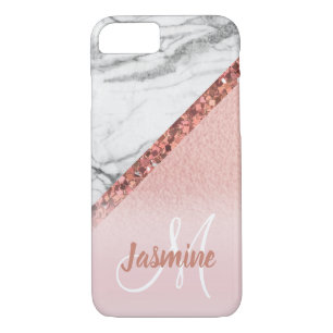 Rose Gold Glitter Grey Marble Girly Monogram iPhone 8/7 Case