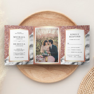 Rose Gold Glitter Grey Marble Photo Wedding Tri-Fold Invitation
