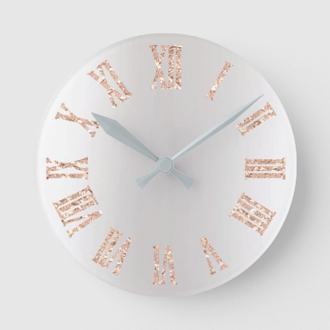 Rose Gold Glitter Grey Silver Ombre Minimal Black Round Clock (Front)