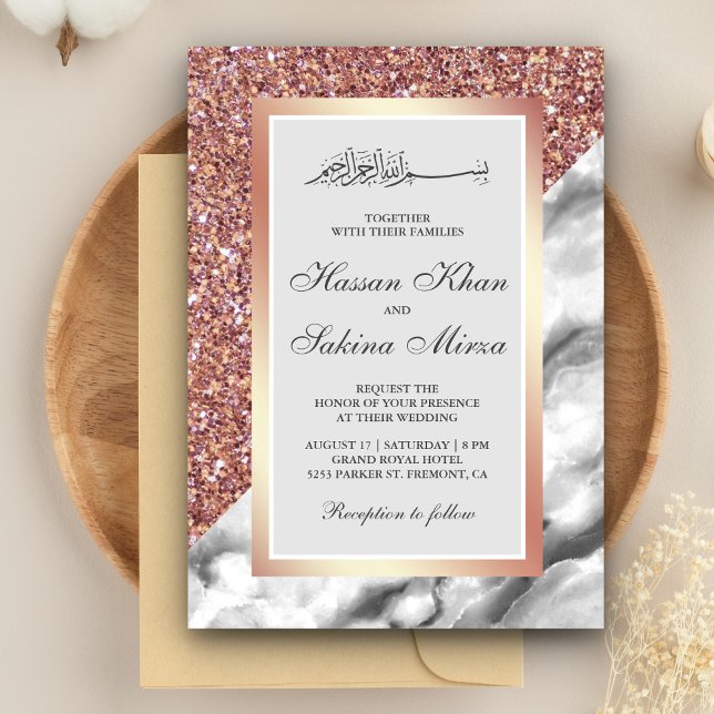 Rose Gold Glitter Grey White Marble Muslim Wedding Invitation (Creator Uploaded)