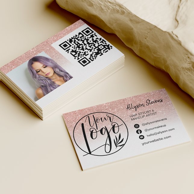 Rose gold glitter hair makeup photo logo qr code business card (Creator Uploaded)