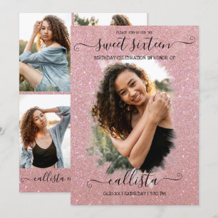 Rose Gold Glitter Halo Photo Collage Sweet 16 Invitation