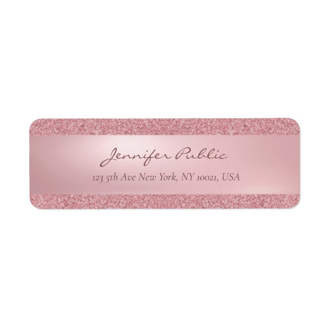 Rose Gold Glitter Handwritten Name Script Return Address Label (Front)