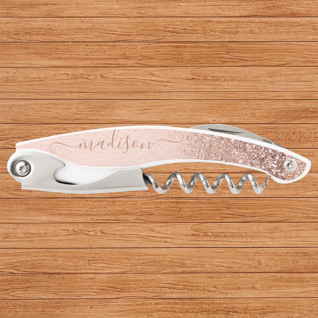 Rose Gold Glitter Handwritten Script Custom Name Corkscrew (Creator Uploaded)
