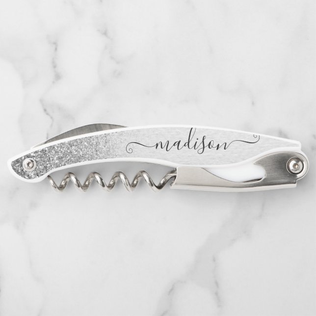 Rose Gold Glitter Handwritten Script Custom Name W Corkscrew (Back)