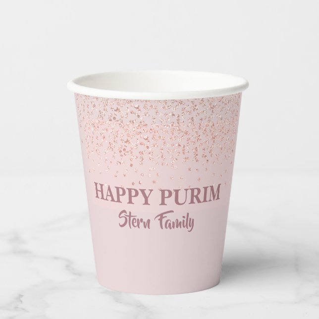 Rose Gold Glitter Happy Purim   Paper Cups (Front)