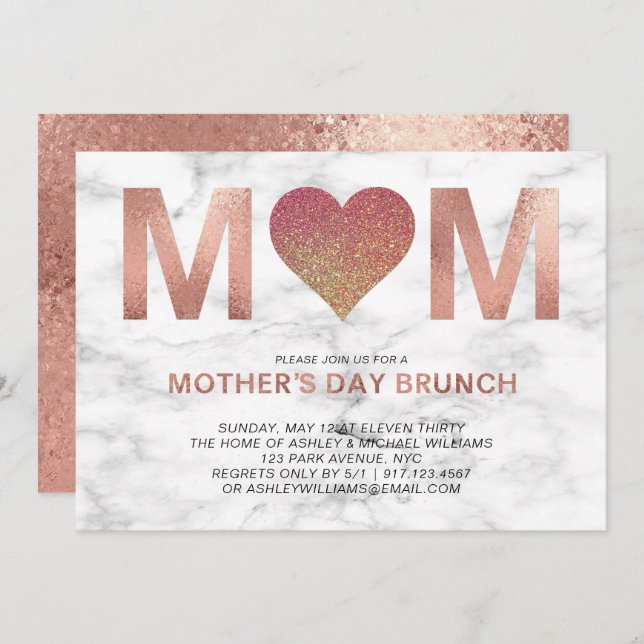 Rose Gold Glitter Heart Mother's Day Brunch Invitation (Front/Back)