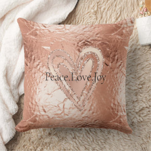 Rose Gold Glitter Heart Peace Love Joy Quote Cushion